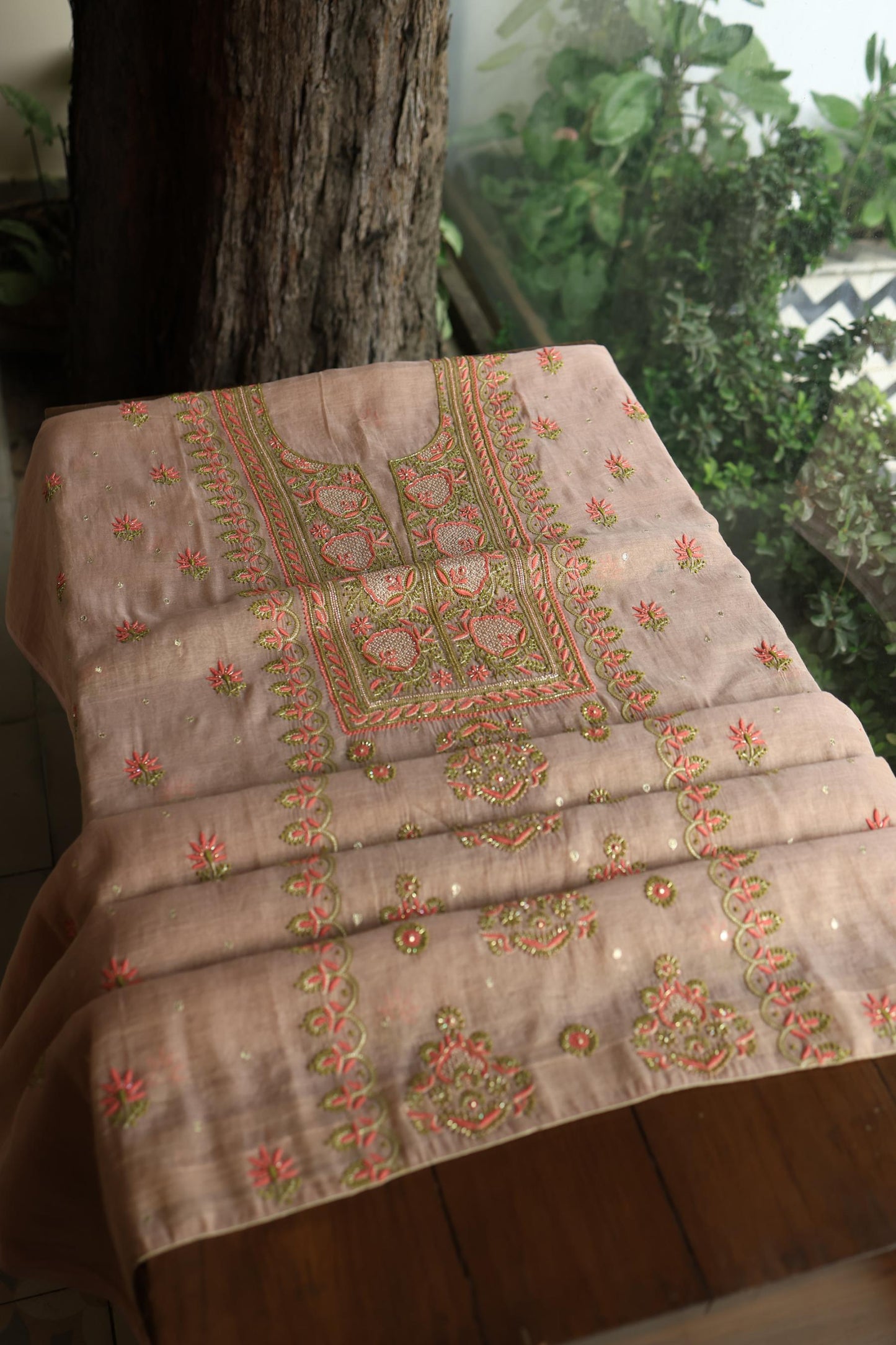 Peach Shade Tissue Silk Chikankari Unstitched FabricP
