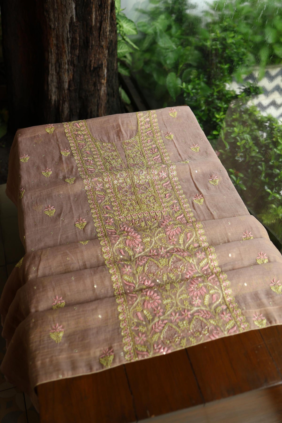 Peach Shade Tissue Silk Chikankari Unstitched Fabric