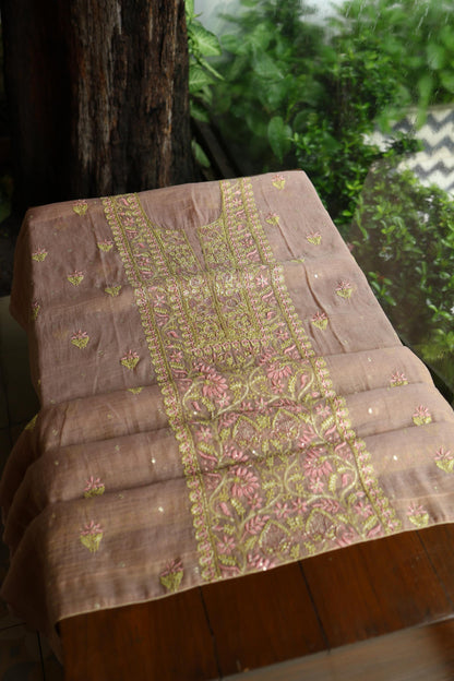 Peach Shade Tissue Silk Chikankari Unstitched Fabric