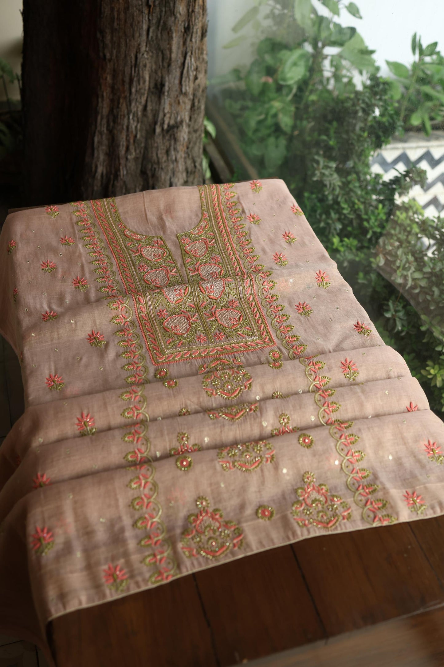 Peach Shade Tissue Silk Chikankari Unstitched FabricP