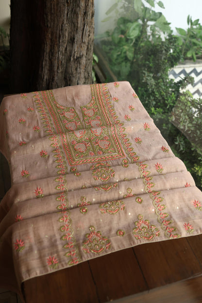 Peach Shade Tissue Silk Chikankari Unstitched FabricP