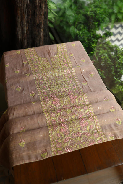 Peach Shade Tissue Silk Chikankari Unstitched Fabric