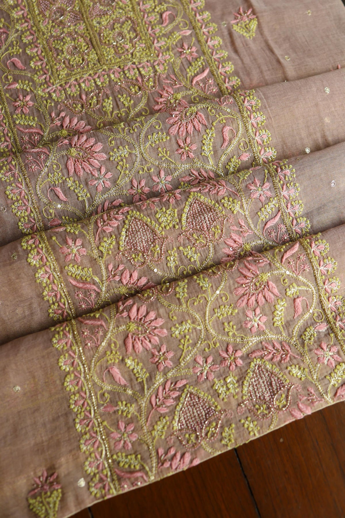 Peach Shade Tissue Silk Chikankari Unstitched Fabric