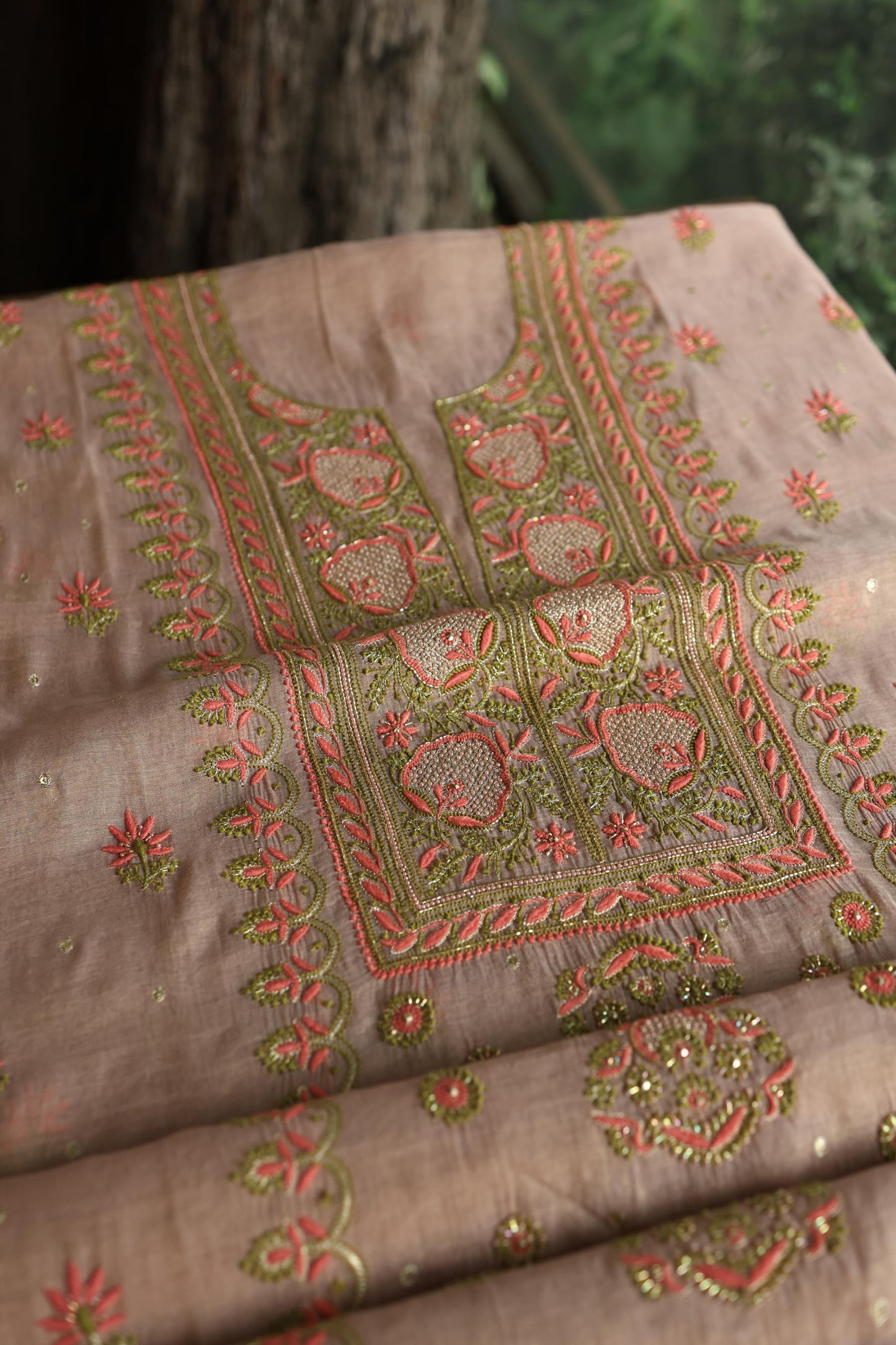 Peach Shade Tissue Silk Chikankari Unstitched FabricP