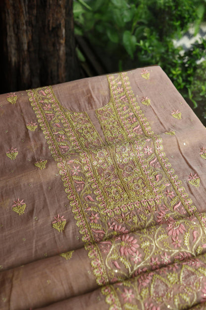 Peach Shade Tissue Silk Chikankari Unstitched Fabric