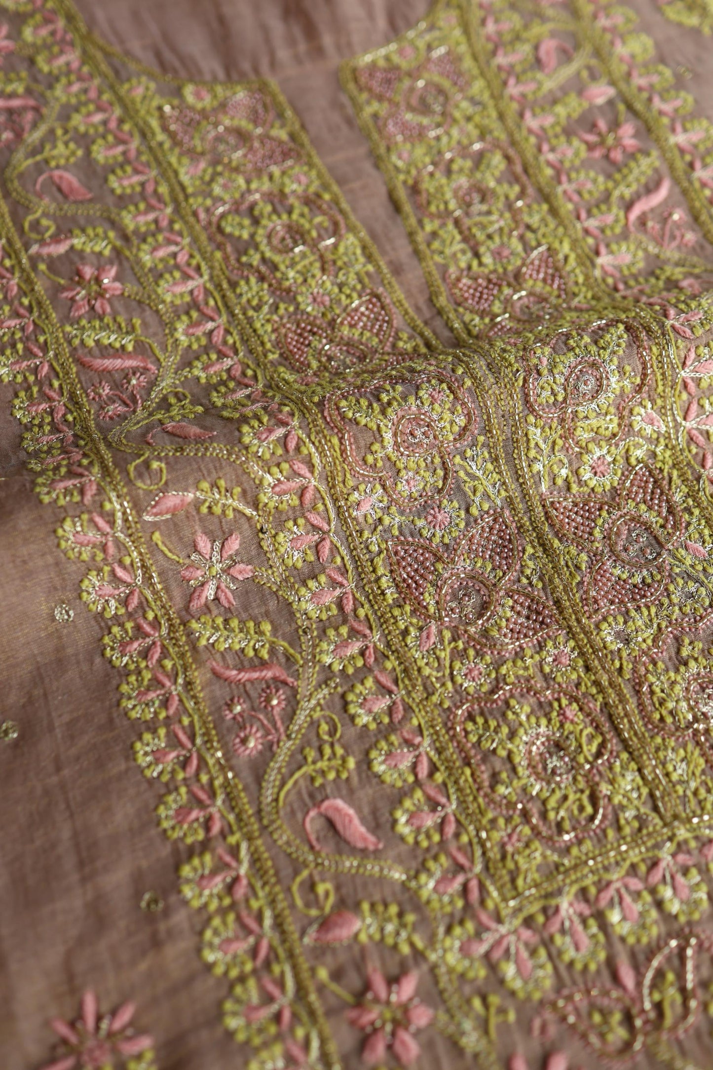 Peach Shade Tissue Silk Chikankari Unstitched Fabric