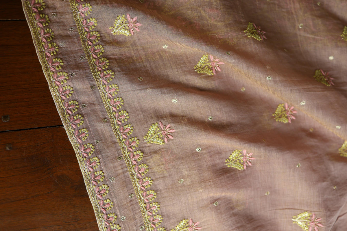 Peach Shade Tissue Silk Chikankari Unstitched Fabric