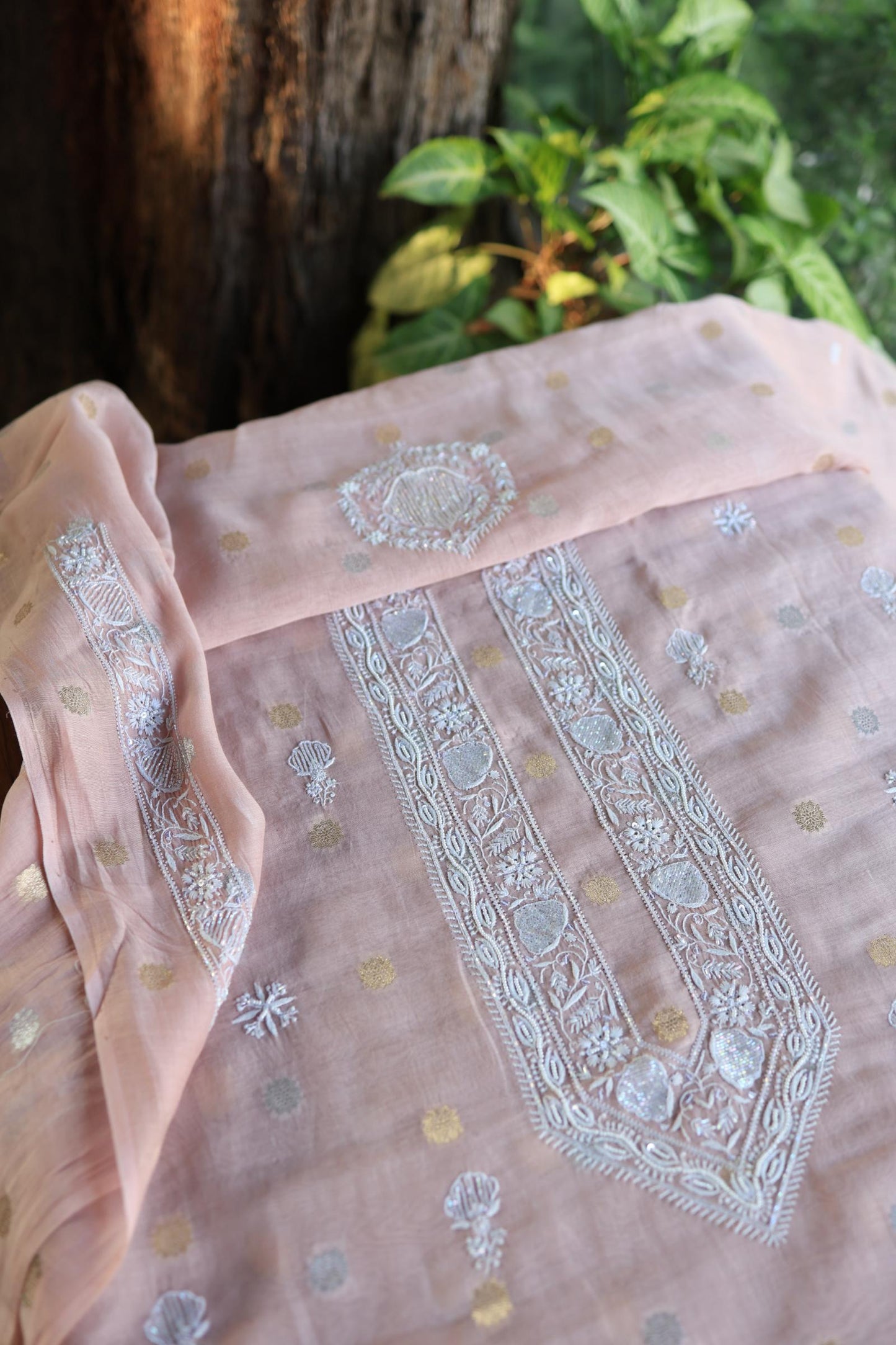 Peach Shade Zari Chanderi Unisex Chikankari Unstitched Men’s Kurta Fabric