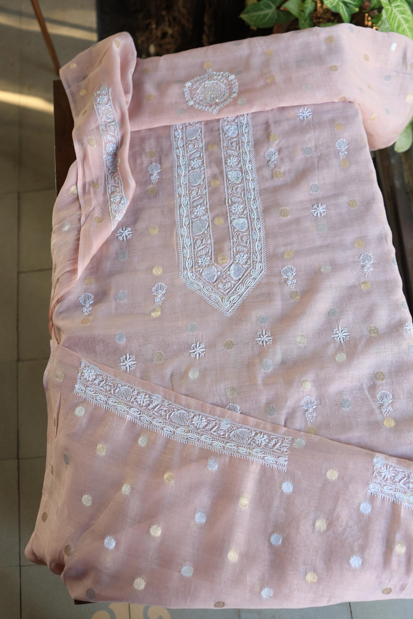 Peach Shade Zari Chanderi Unisex Chikankari Unstitched Men’s Kurta Fabric