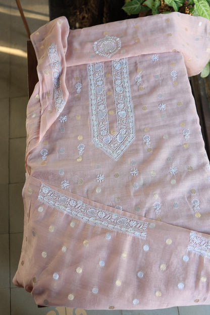 Peach Shade Zari Chanderi Unisex Chikankari Unstitched Men’s Kurta Fabric