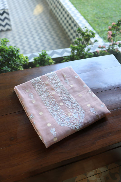 Peach Shade Zari Chanderi Unisex Chikankari Unstitched Men’s Kurta Fabric