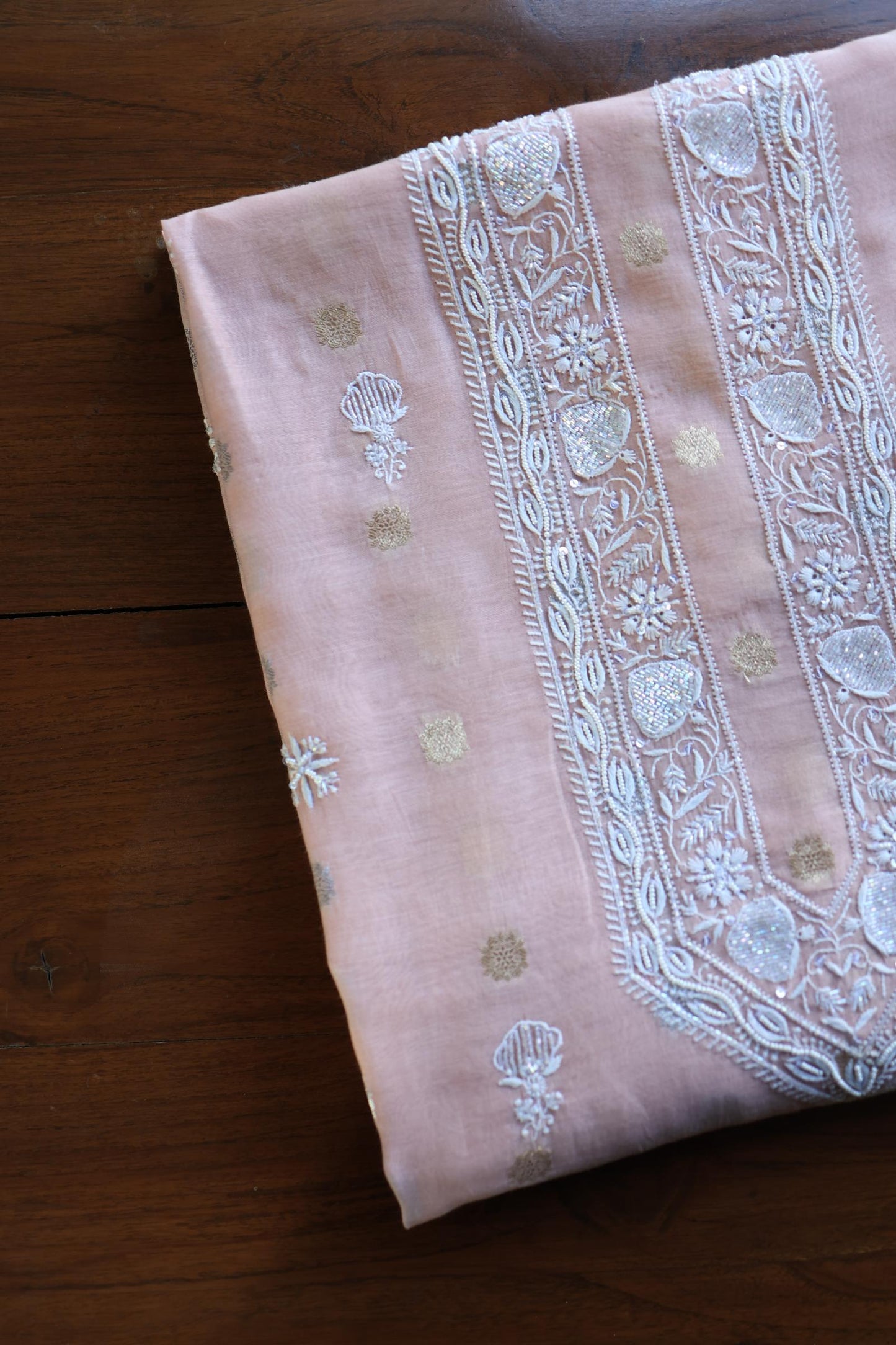 Peach Shade Zari Chanderi Unisex Chikankari Unstitched Men’s Kurta Fabric