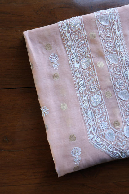 Peach Shade Zari Chanderi Unisex Chikankari Unstitched Men’s Kurta Fabric