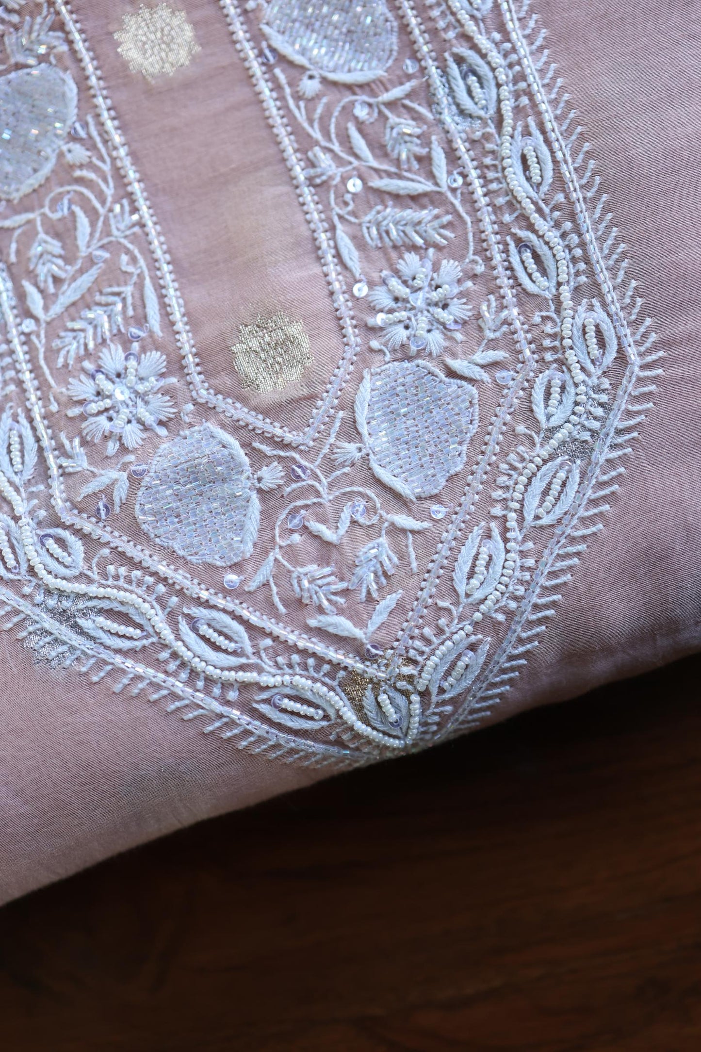 Peach Shade Zari Chanderi Unisex Chikankari Unstitched Men’s Kurta Fabric