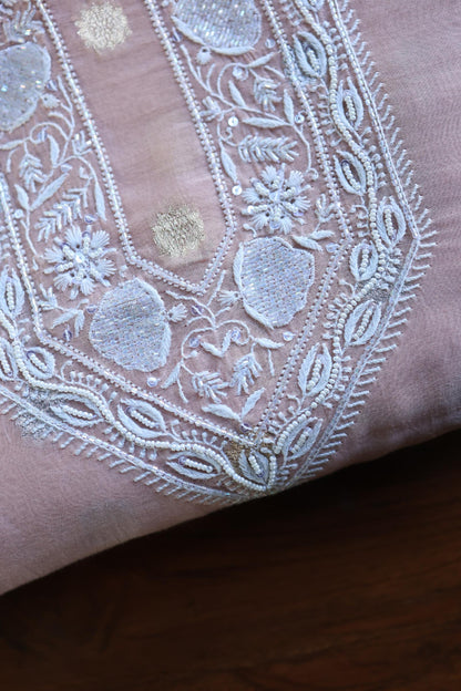 Peach Shade Zari Chanderi Unisex Chikankari Unstitched Men’s Kurta Fabric