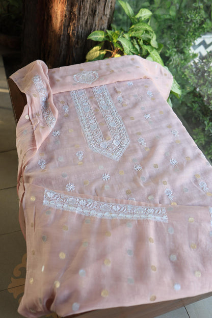 Peach Shade Zari Chanderi Unisex Chikankari Unstitched Men’s Kurta Fabric