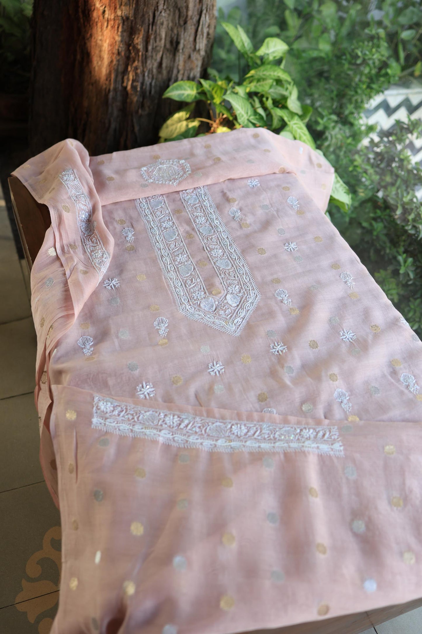 Peach Shade Zari Chanderi Unisex Chikankari Unstitched Men’s Kurta Fabric