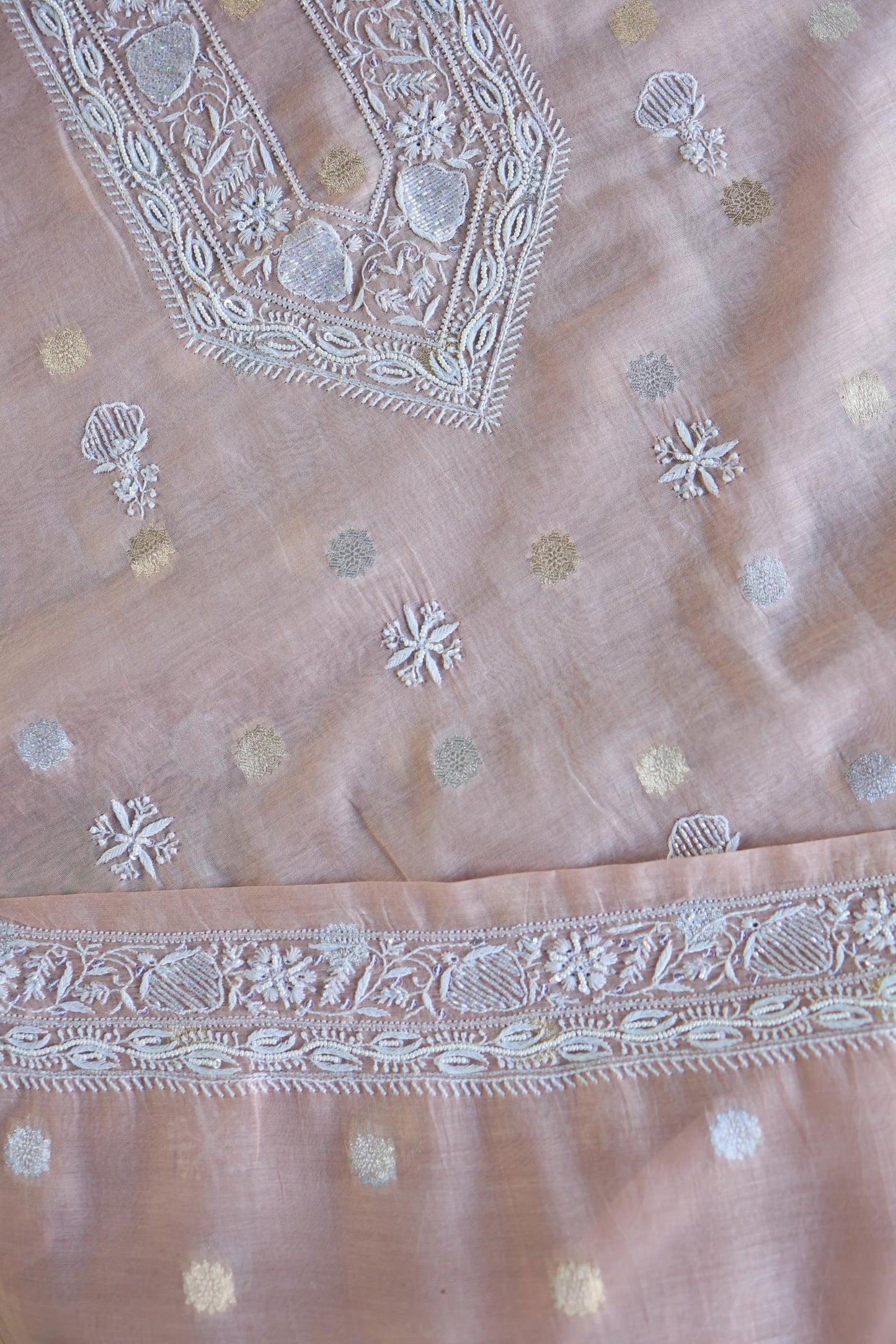 Peach Shade Zari Chanderi Unisex Chikankari Unstitched Men’s Kurta Fabric