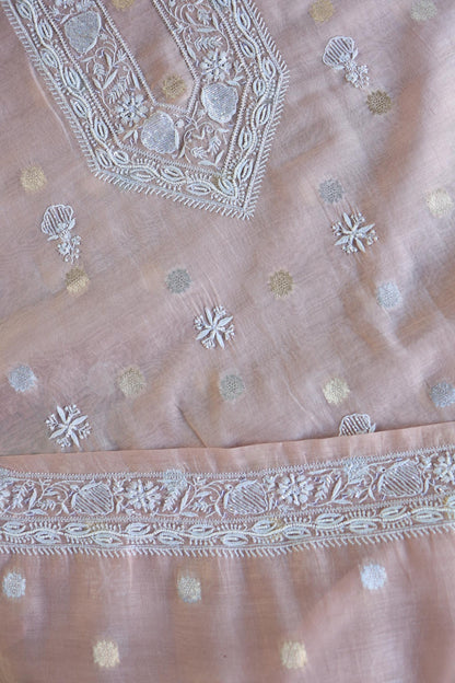 Peach Shade Zari Chanderi Unisex Chikankari Unstitched Men’s Kurta Fabric