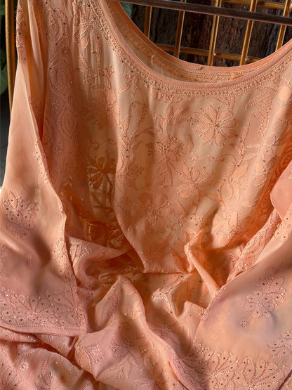 Coral Peach Viscose Georgette Chikankari Ready to Wear Kurta