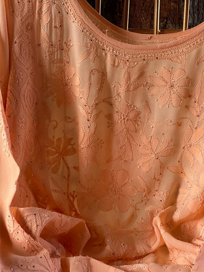 Coral Peach Viscose Georgette Chikankari Ready to Wear Kurta