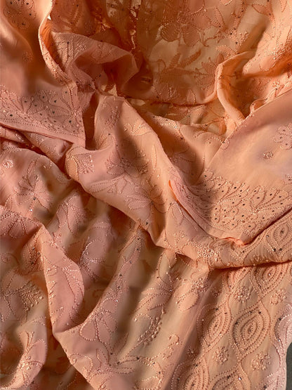 Coral Peach Viscose Georgette Chikankari Ready to Wear Kurta