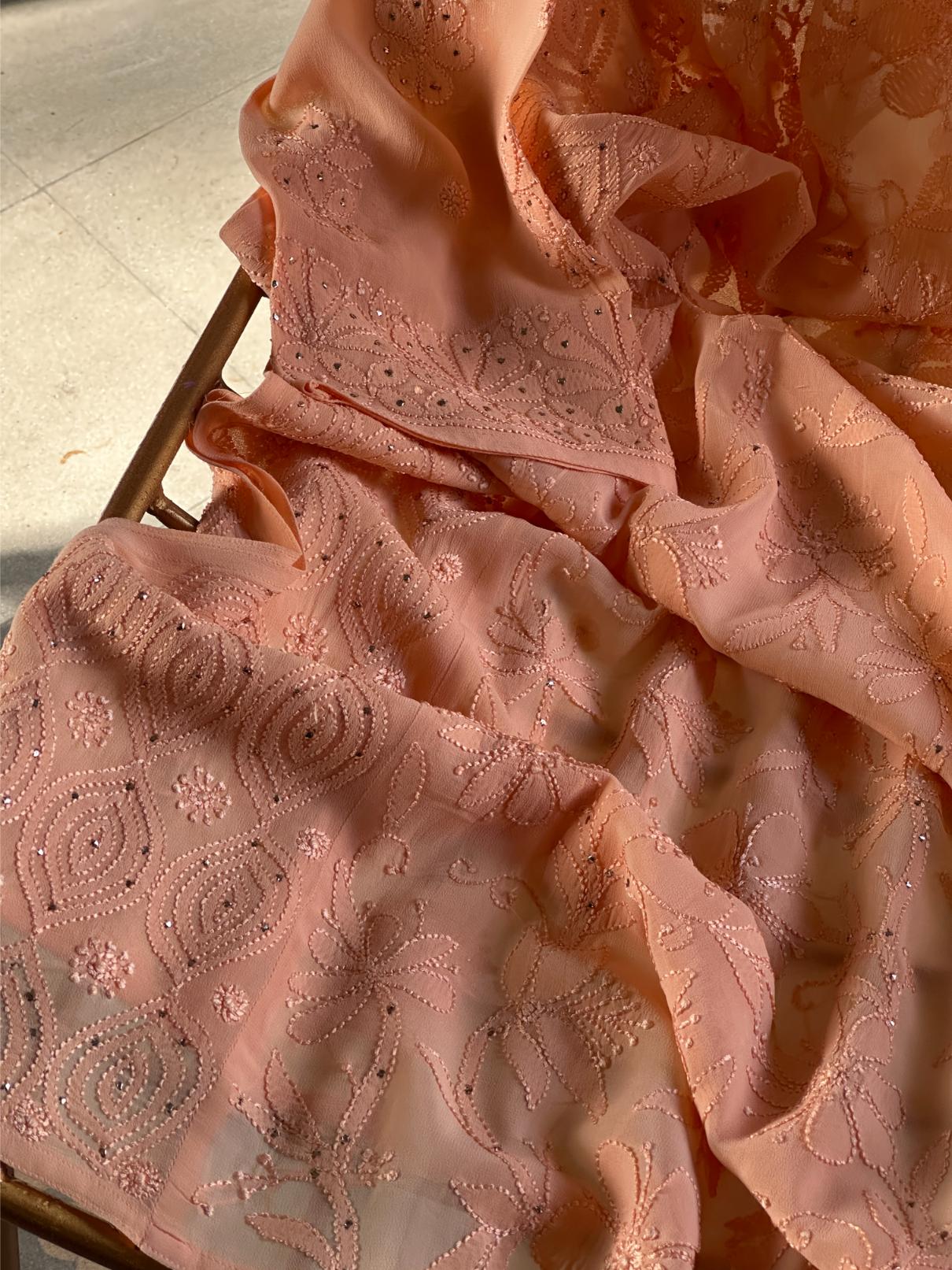 Coral Peach Viscose Georgette Chikankari Ready to Wear Kurta