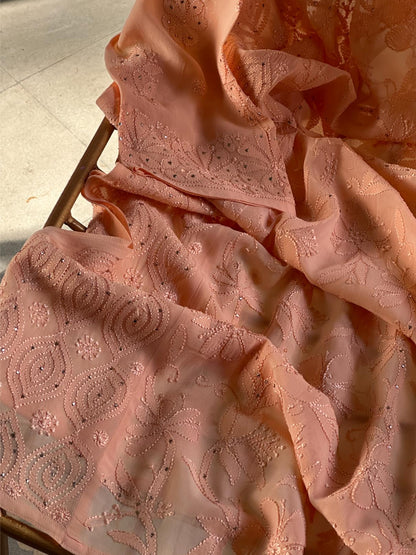 Coral Peach Viscose Georgette Chikankari Ready to Wear Kurta