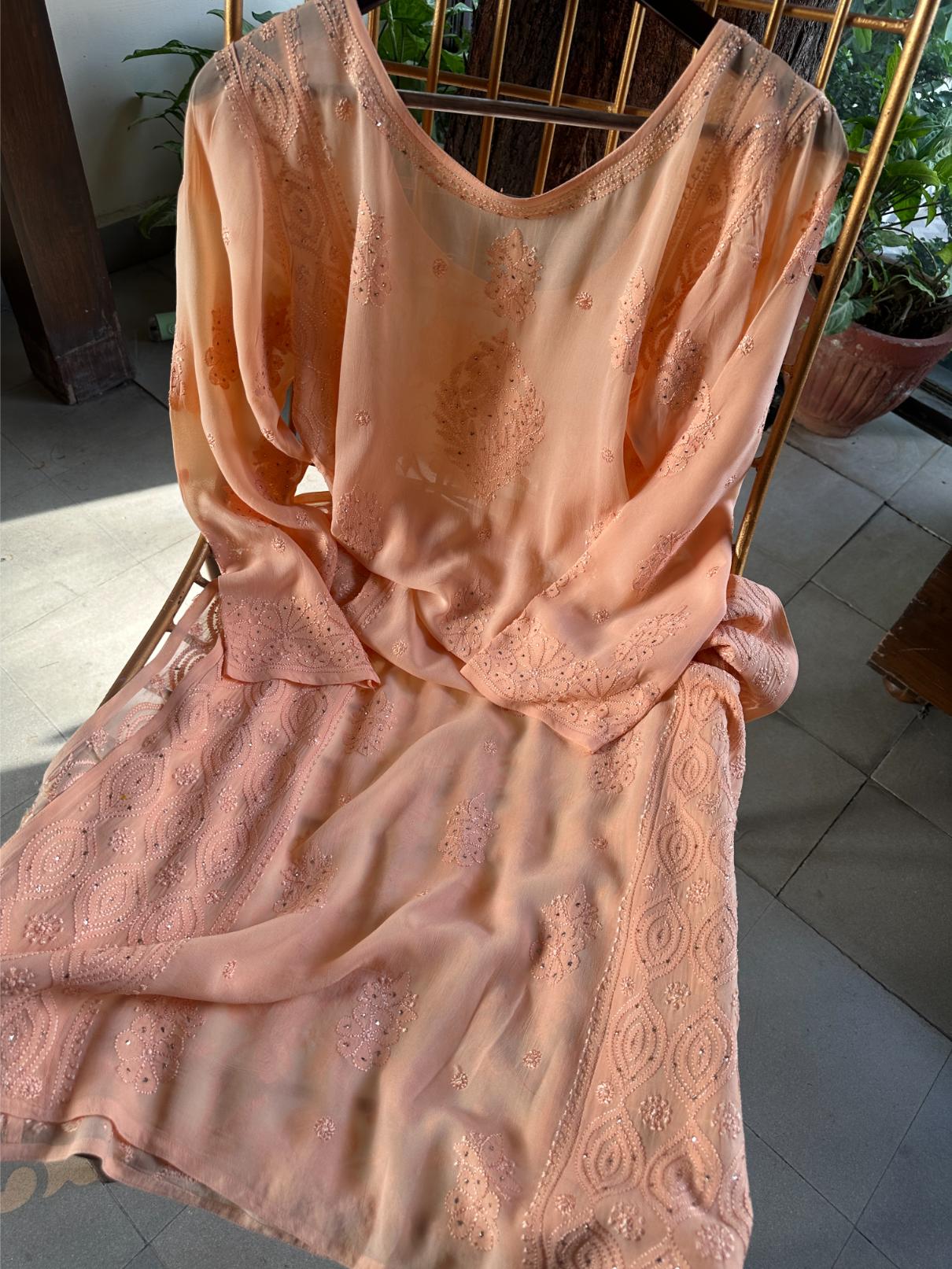 Coral Peach Viscose Georgette Chikankari Ready to Wear Kurta