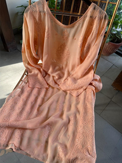 Coral Peach Viscose Georgette Chikankari Ready to Wear Kurta