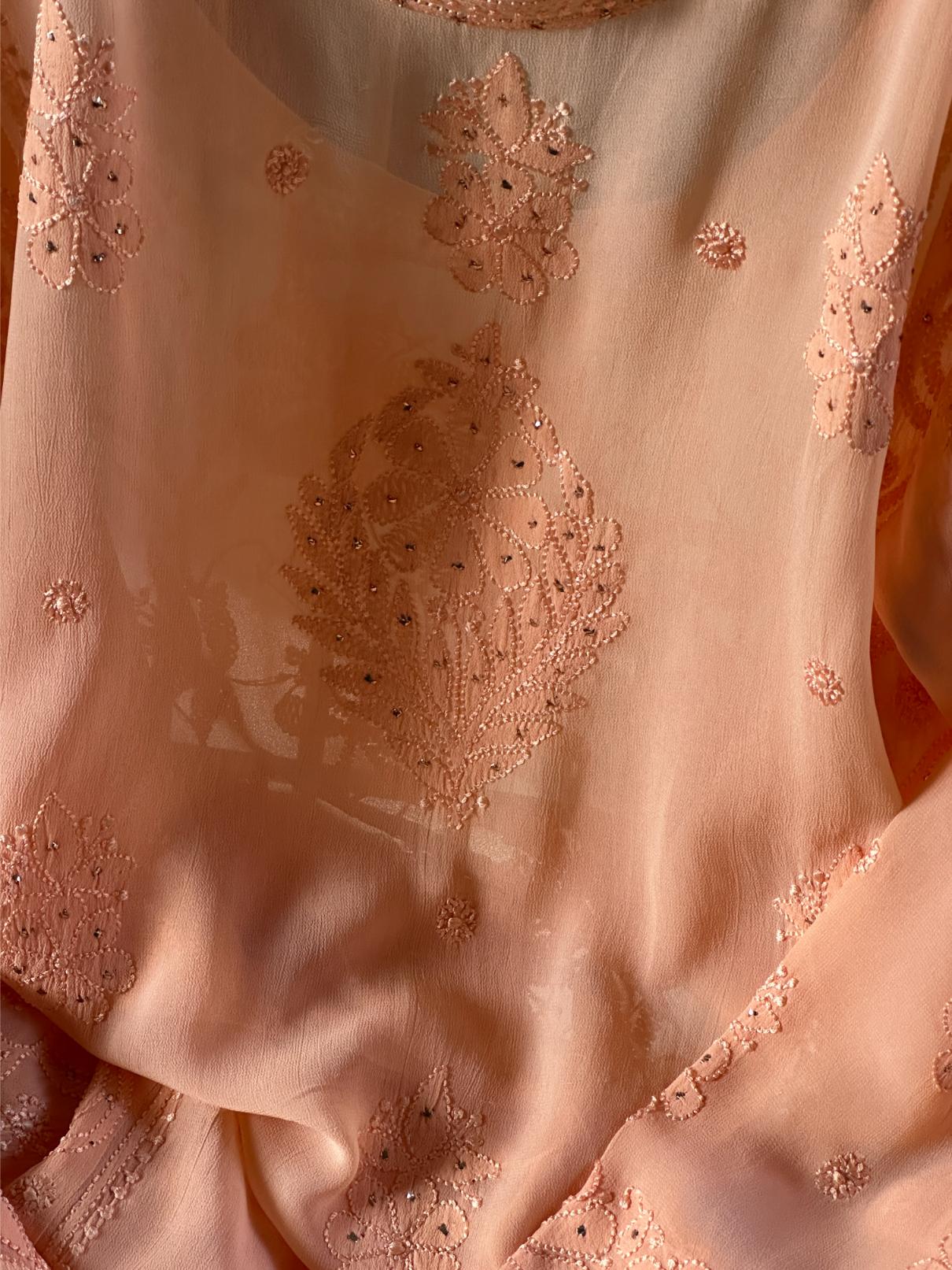 Coral Peach Viscose Georgette Chikankari Ready to Wear Kurta