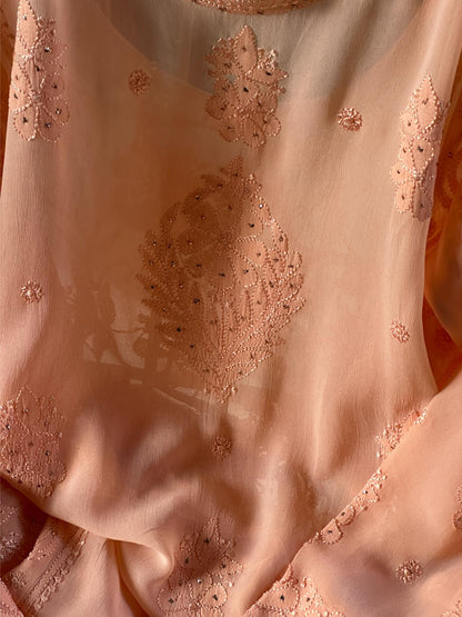 Coral Peach Viscose Georgette Chikankari Ready to Wear Kurta