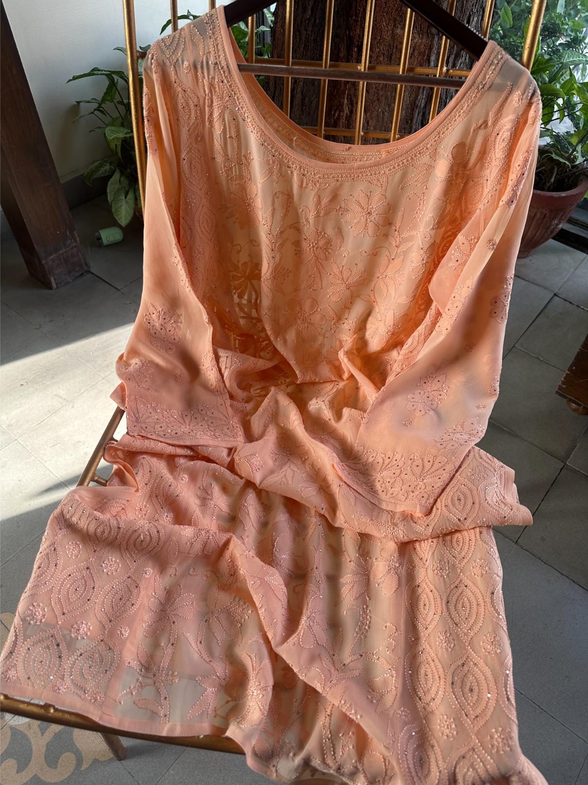 Coral Peach Viscose Georgette Chikankari Ready to Wear Kurta