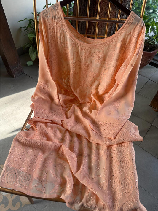 Coral Peach Viscose Georgette Chikankari Ready to Wear Kurta
