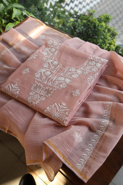 Peach Fine Chikankari With Kamdani Work Unstitched Fabric