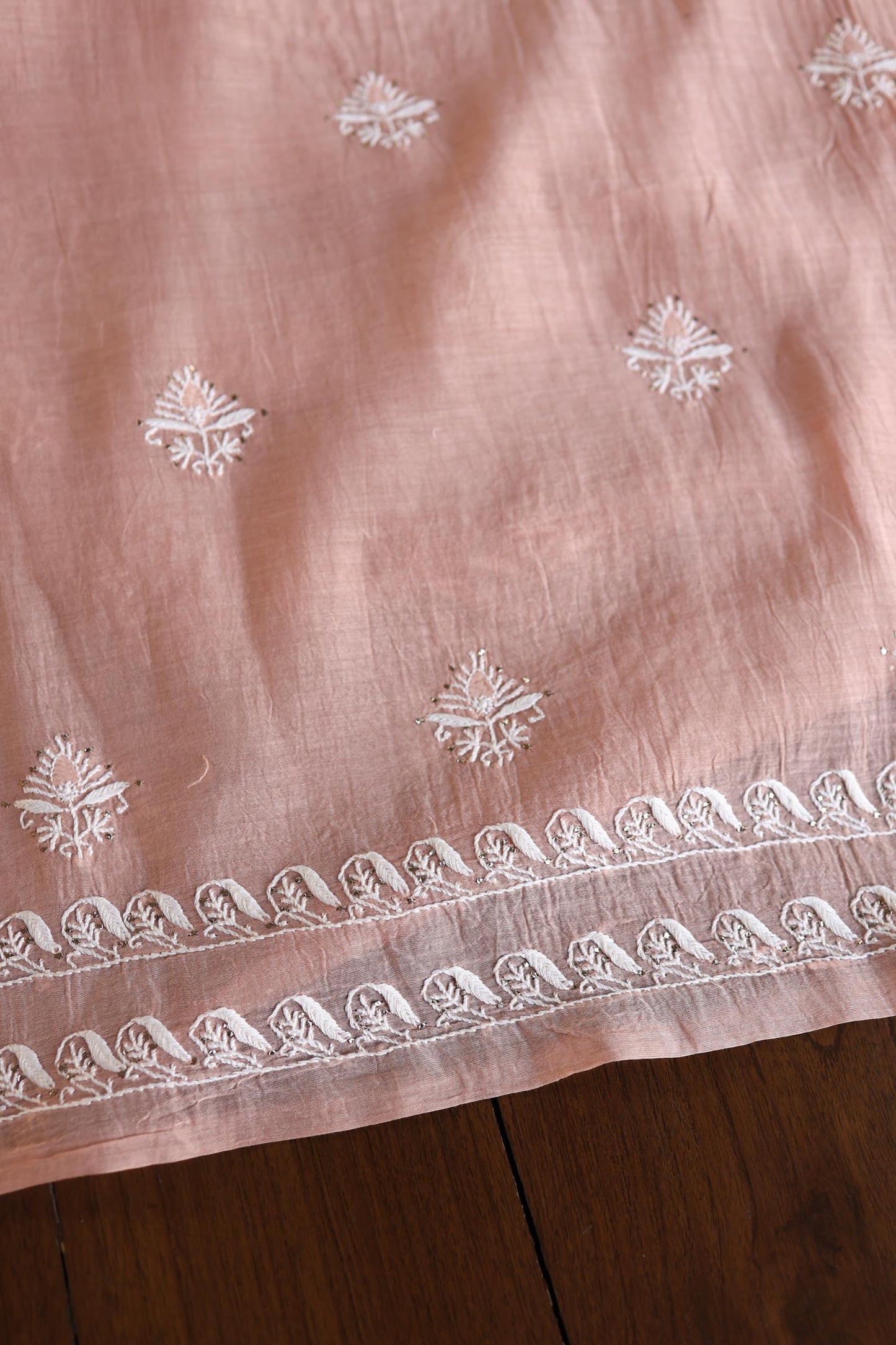 Peach Fine Chikankari With Kamdani Work Unstitched Fabric