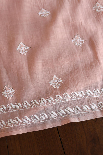 Peach Fine Chikankari With Kamdani Work Unstitched Fabric