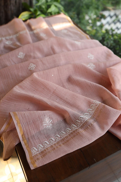 Peach Fine Chikankari With Kamdani Work Unstitched Fabric