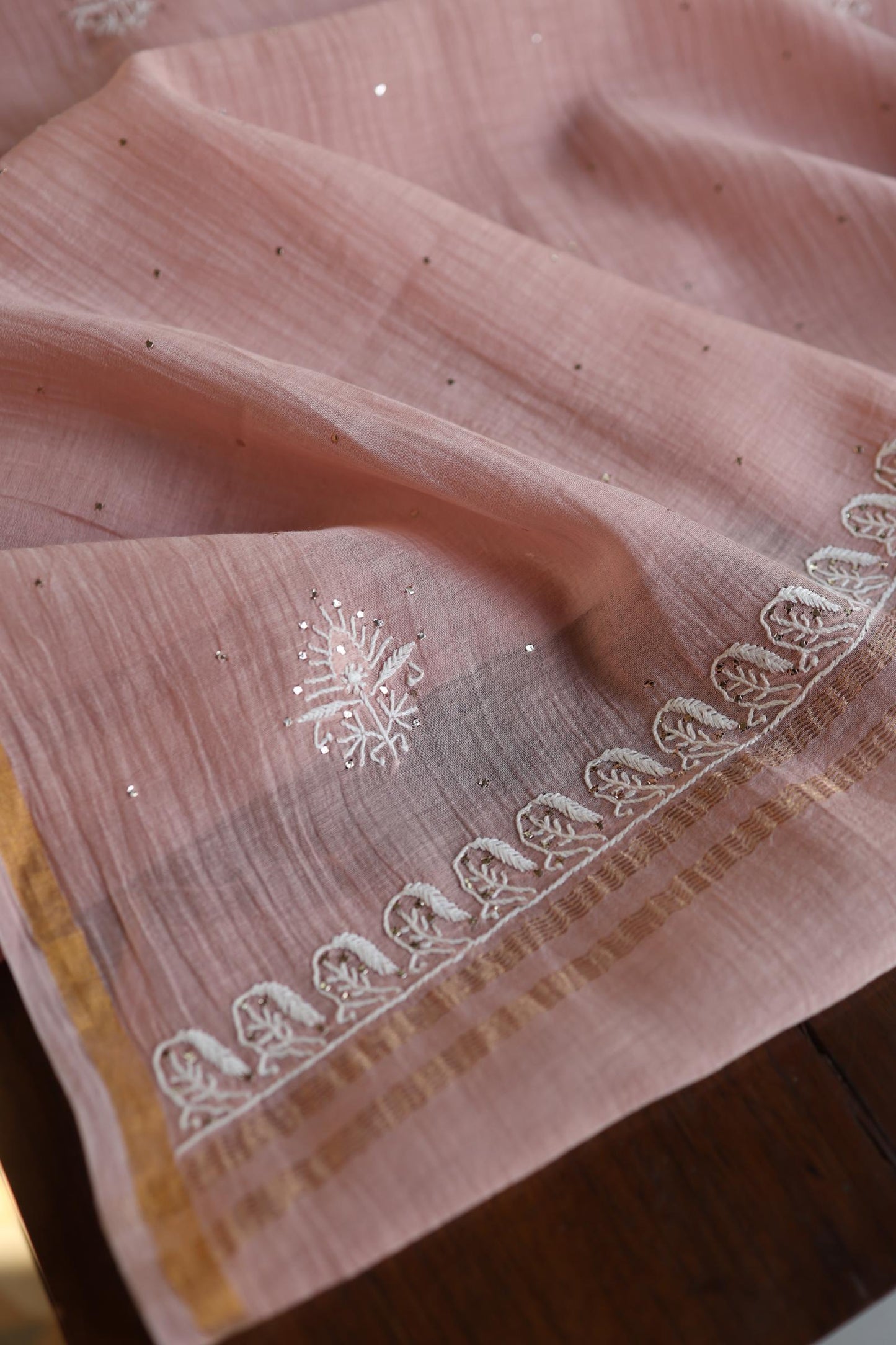 Peach Fine Chikankari With Kamdani Work Unstitched Fabric