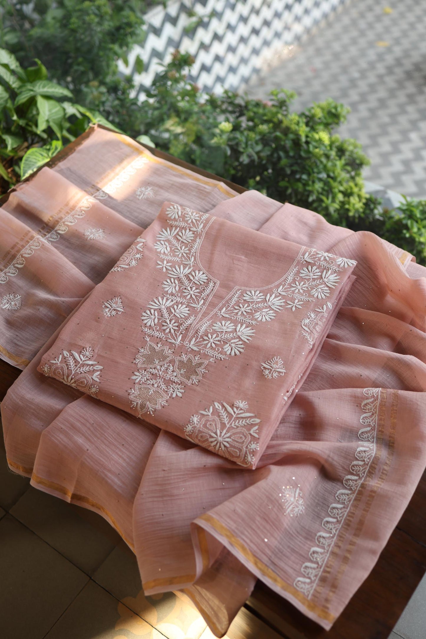 Peach Fine Chikankari With Kamdani Work Unstitched Fabric