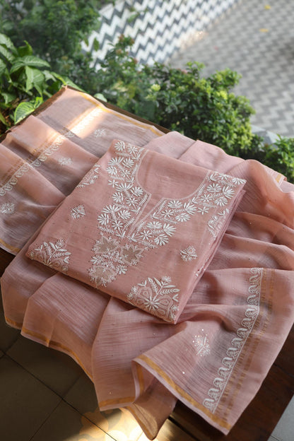 Peach Fine Chikankari With Kamdani Work Unstitched Fabric