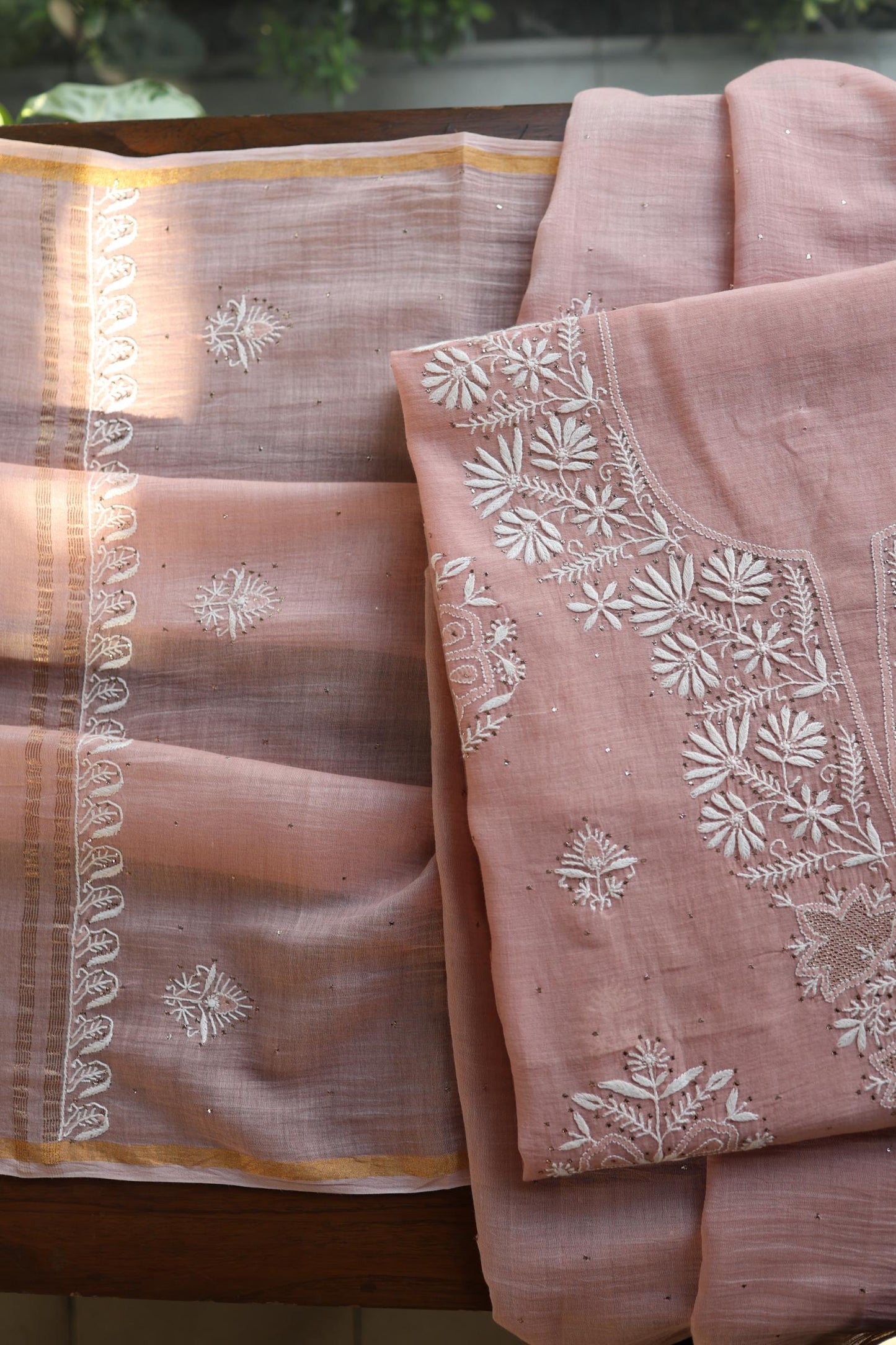 Peach Fine Chikankari With Kamdani Work Unstitched Fabric