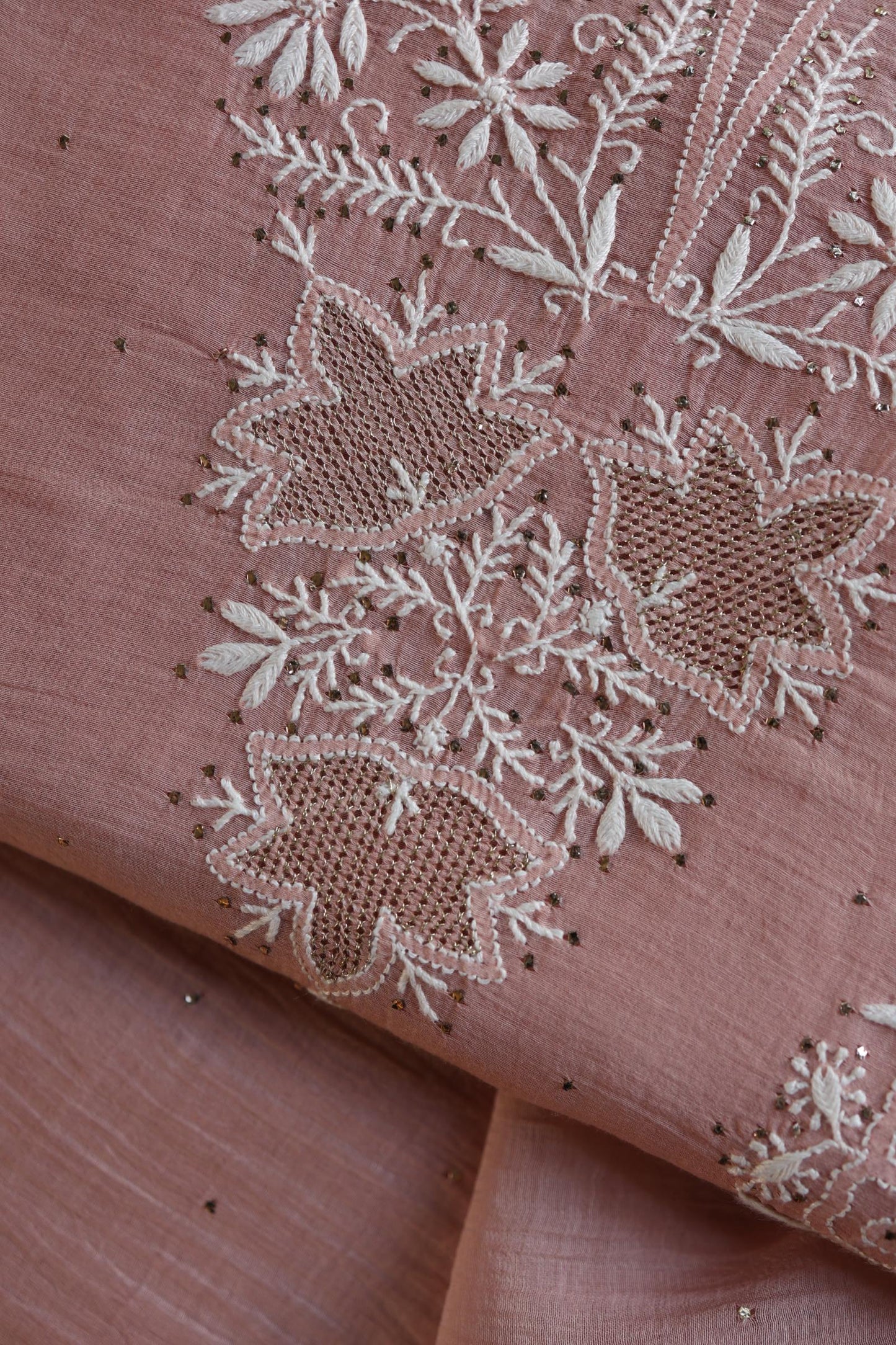 Peach Fine Chikankari With Kamdani Work Unstitched Fabric