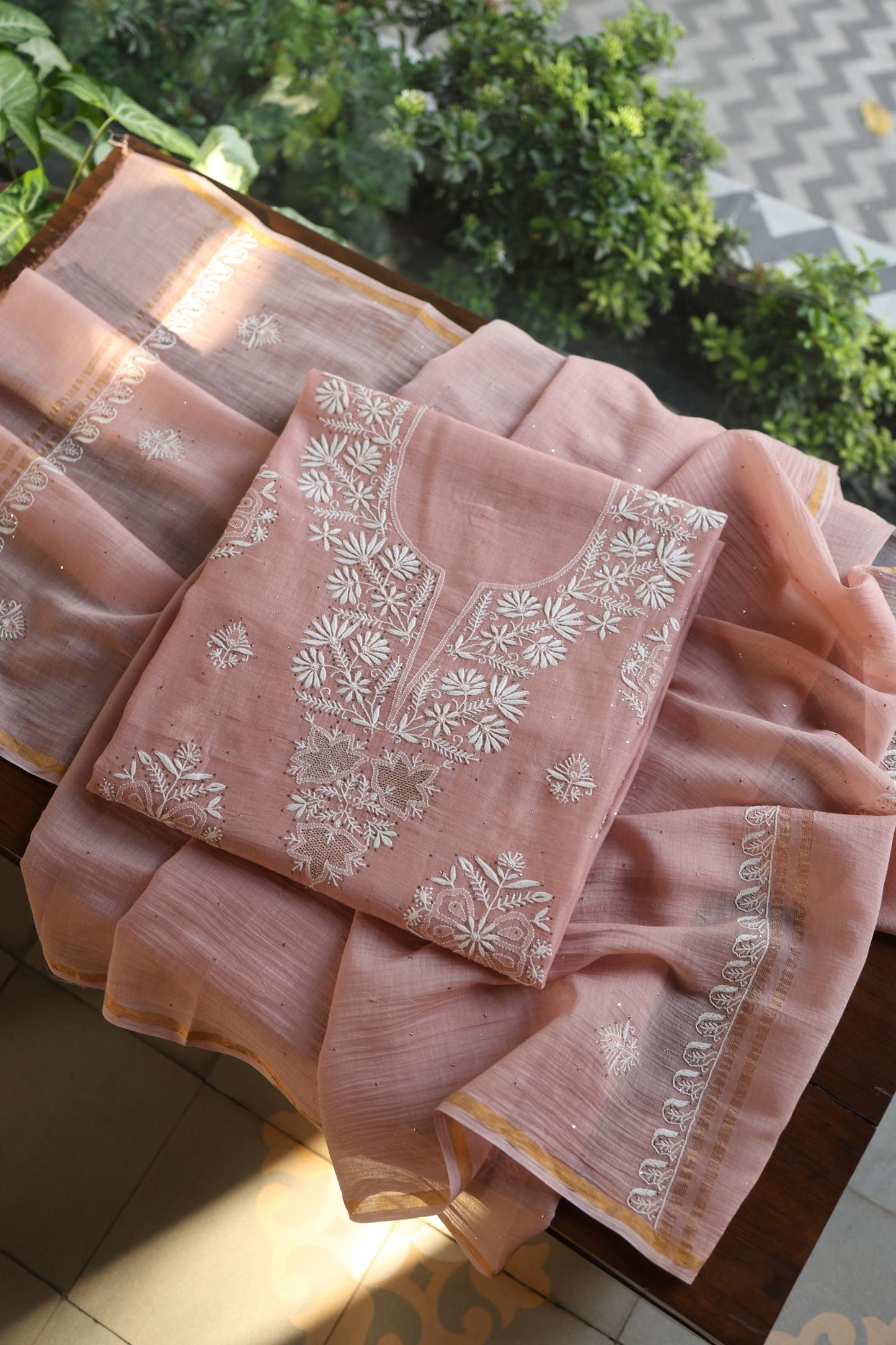 Peach Fine Chikankari With Kamdani Work Unstitched Fabric