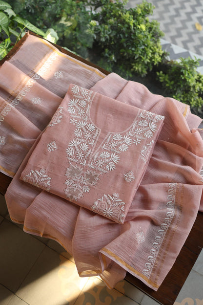 Peach Fine Chikankari With Kamdani Work Unstitched Fabric
