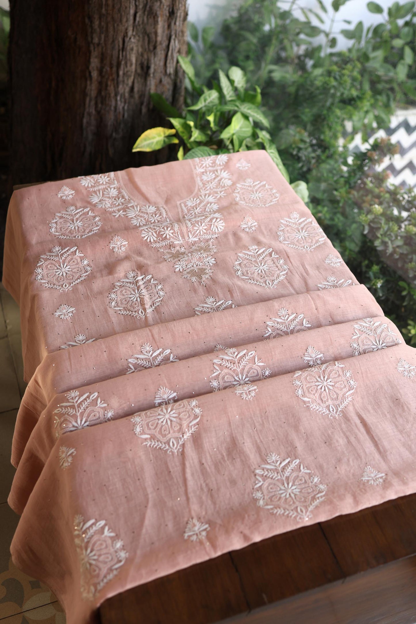 Peach Fine Chikankari With Kamdani Work Unstitched Fabric