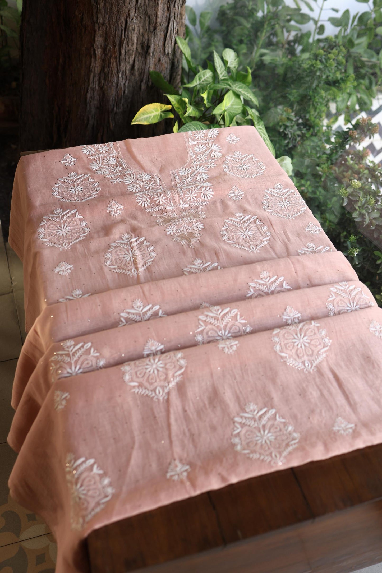 Peach Fine Chikankari With Kamdani Work Unstitched Fabric
