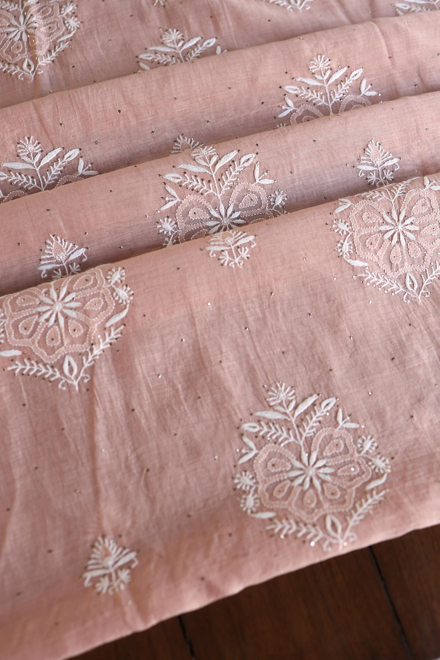 Peach Fine Chikankari With Kamdani Work Unstitched Fabric