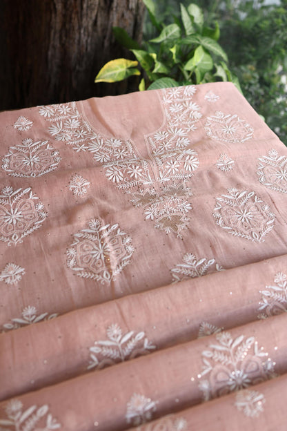 Peach Fine Chikankari With Kamdani Work Unstitched Fabric