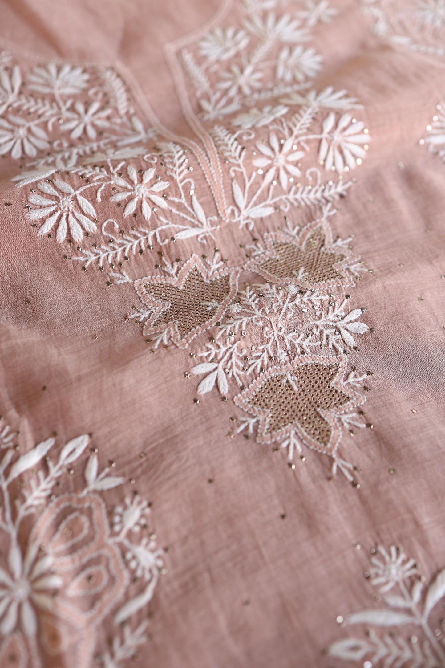 Peach Fine Chikankari With Kamdani Work Unstitched Fabric